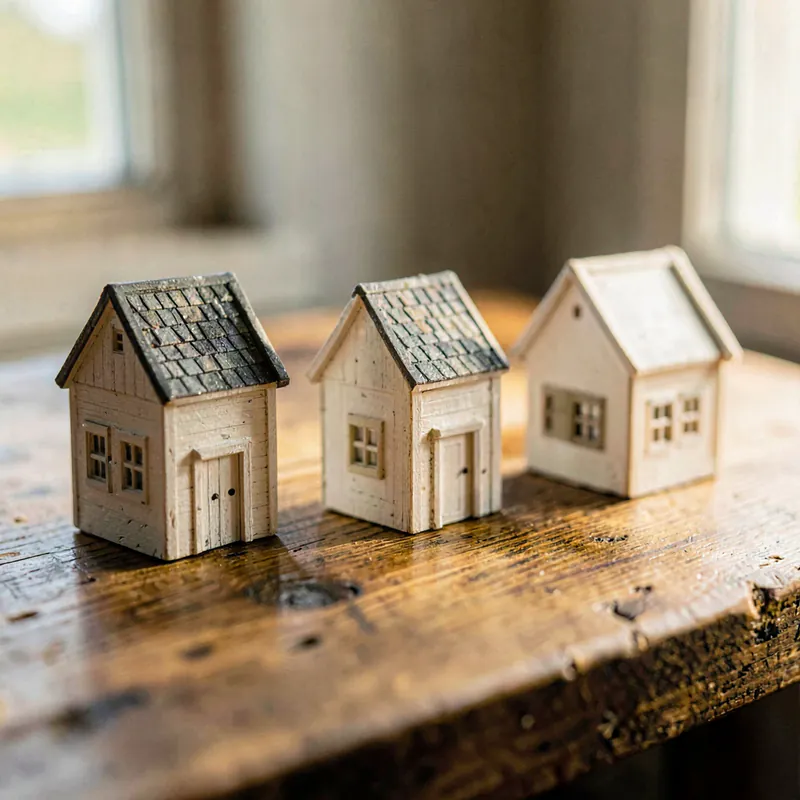 Three small pale timber house blocks standing in a row on a raw oak table