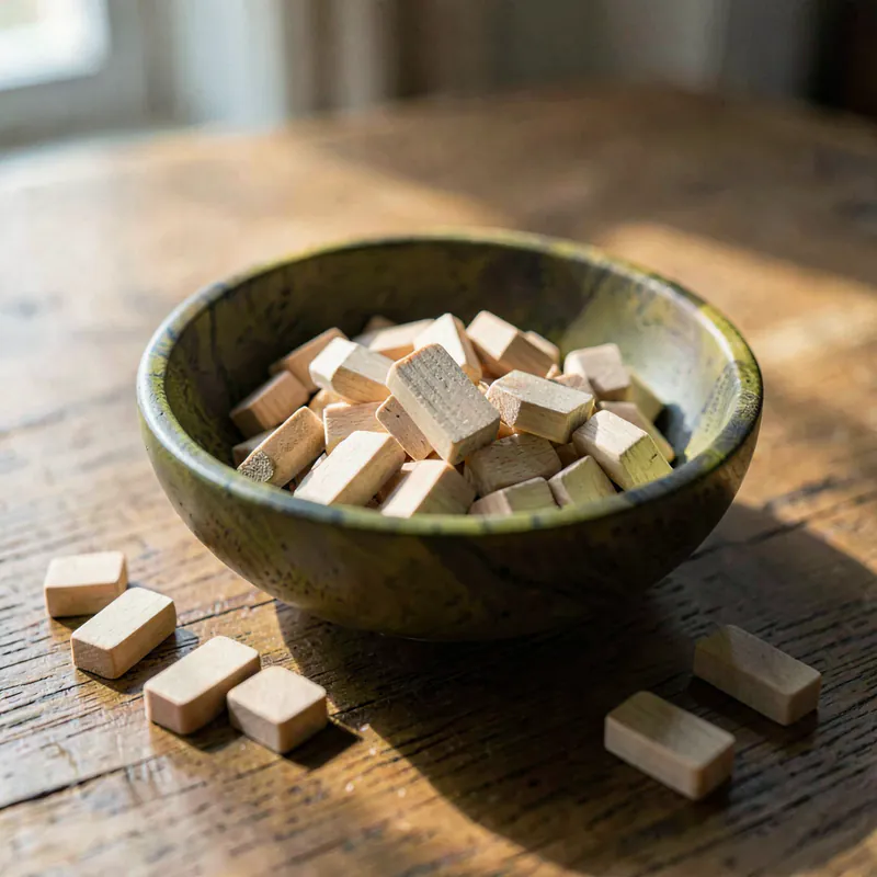 A shallow olive wood bowl filled with small pale wooden counters on an oak table