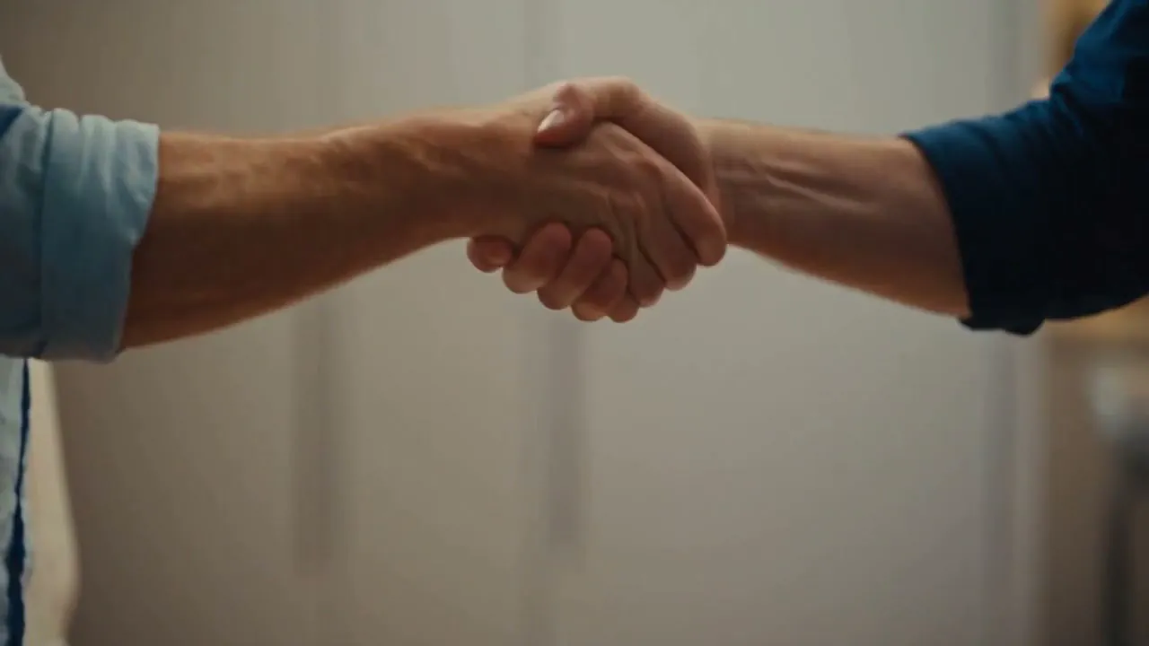 Two people shaking hands, one in a pale blue shirt and one in navy