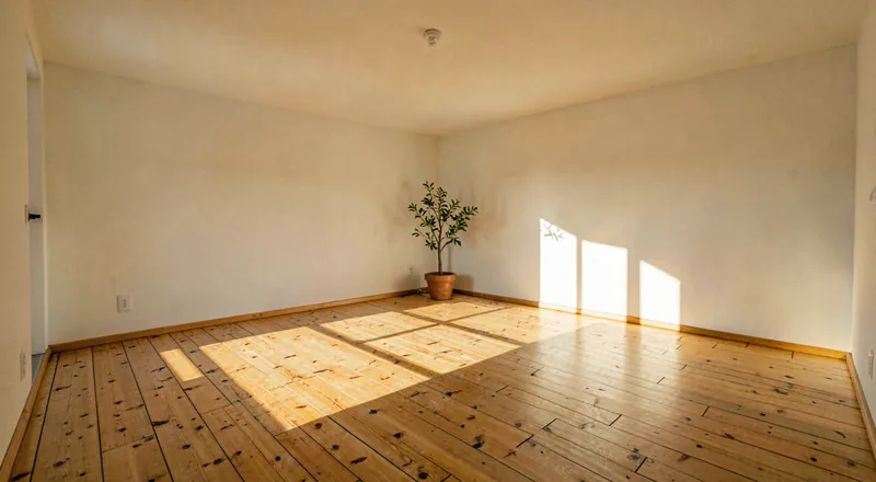 The same empty timber floored living room in warm late afternoon sun