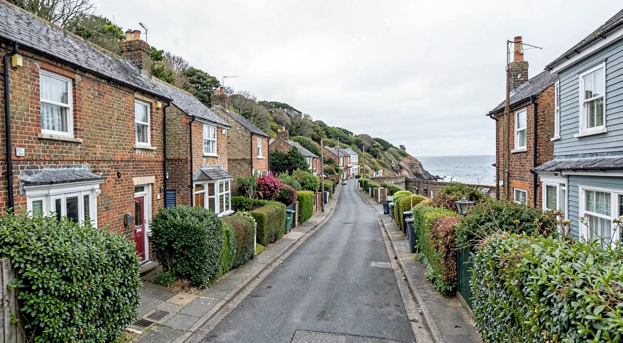 A quiet coastal suburban street of interwar brick and weatherboard cottages on a gentle hill