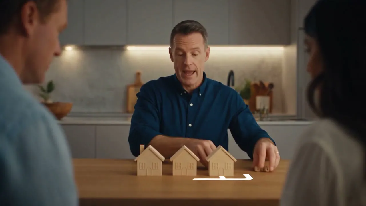Marty at the kitchen table sliding three small timber house blocks into a row while a couple watch