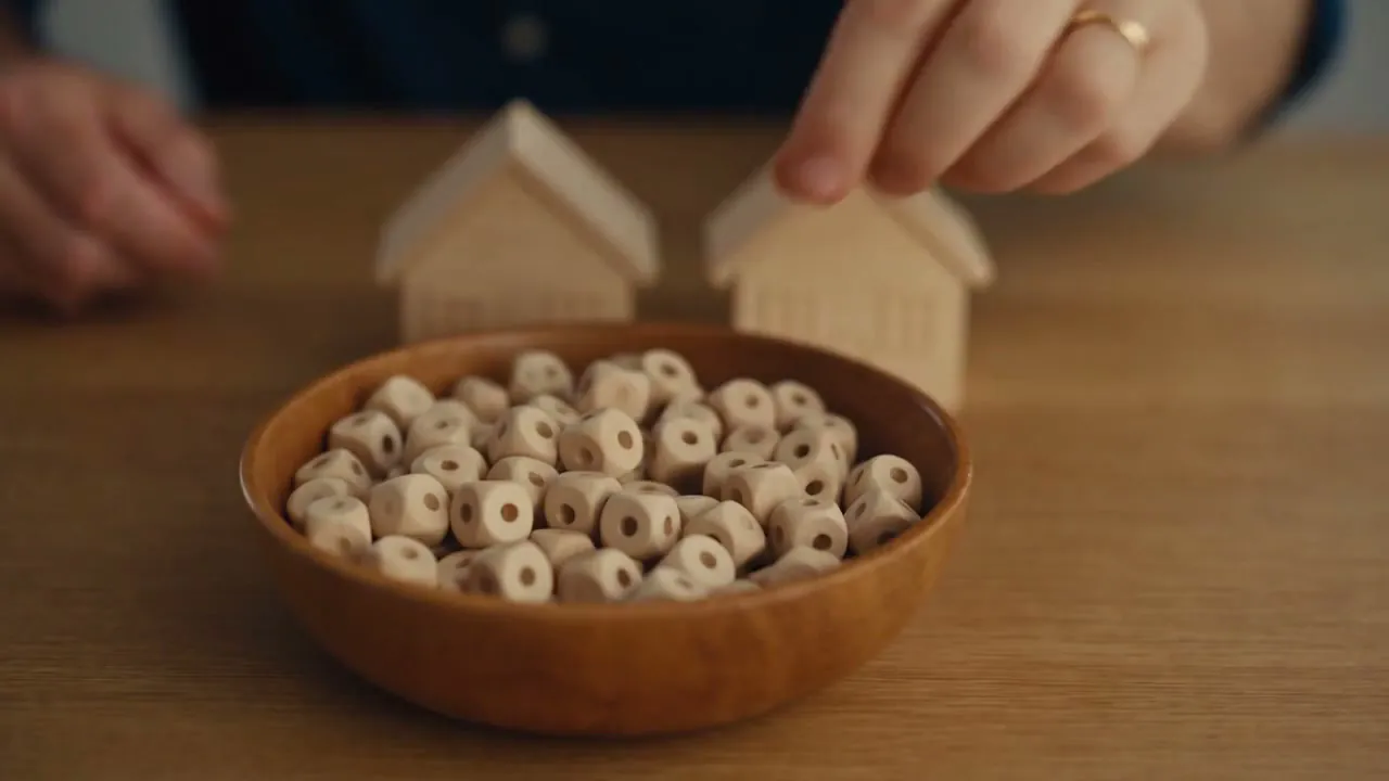 A wooden bowl of small pale counters on a table, with two timber house blocks standing behind it