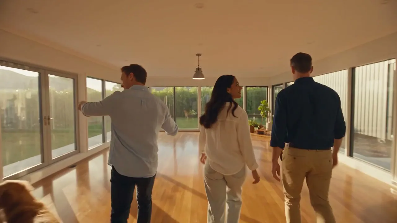 A couple and their broker walking through a bright, empty living room together